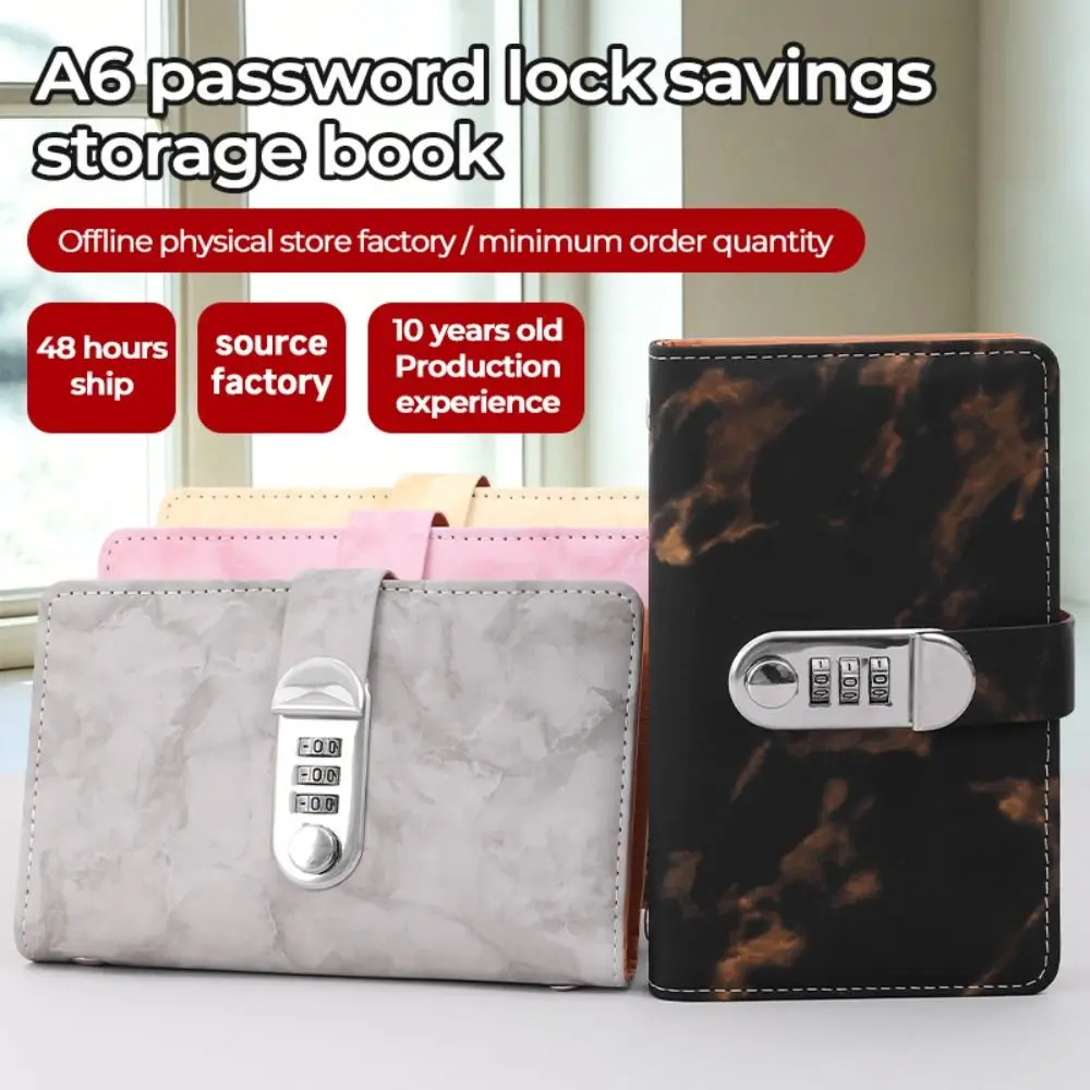Waterproof PU Cash Deposit Book Marble 100 Pockets A6 Savings Binder with Password Lock Cash Saving Book Budget Planning