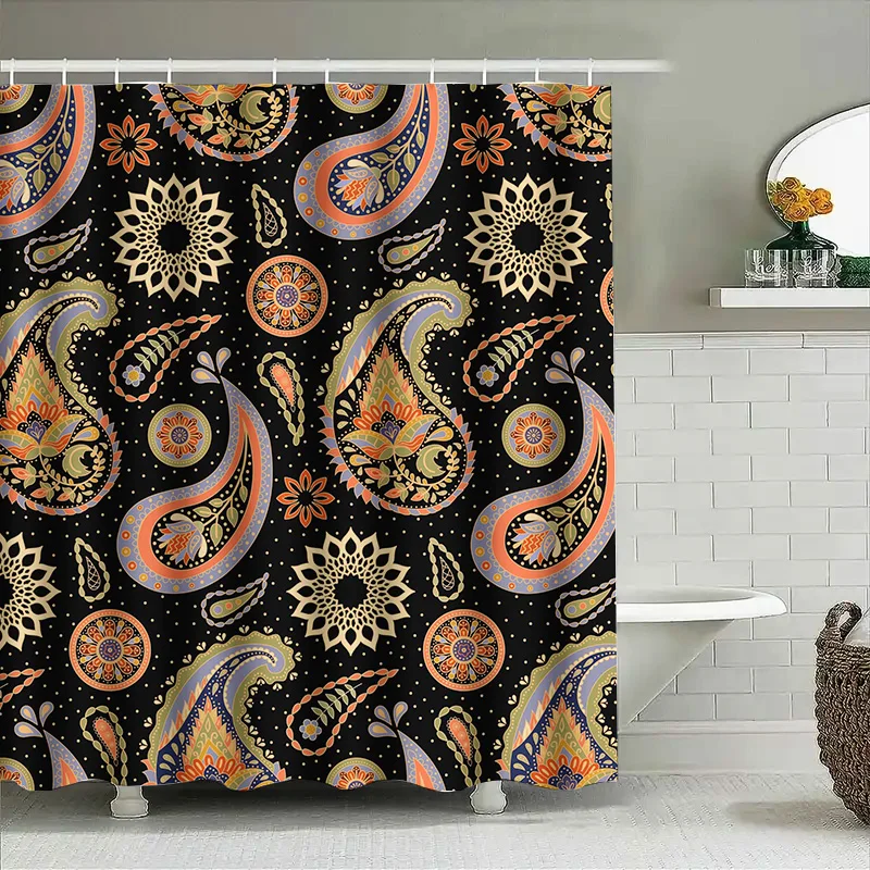 

Черная занавеска для душа в ванной комнате с оранжевым узором пейсли, декоративная ткань, водонепроницаемая, моющаяся для украшения дома, ванной комнаты XL
