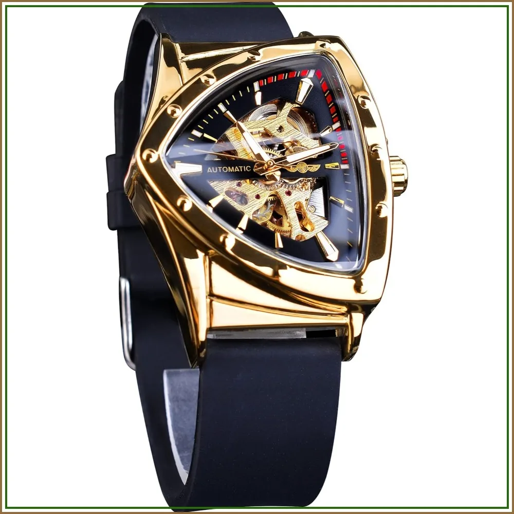 Automatic Skeleton Watch for Men, Triangle Dial Luminous Self-Winding, Stainless Steel or Silicone Strap