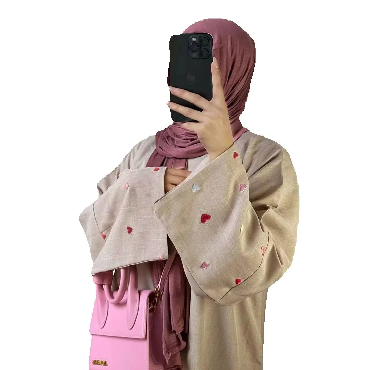 UNI Eid Linen Abaya for Women Open Cardigan with Heart Embroidery Robe Muslim Dress Set Loose Outwear 2024