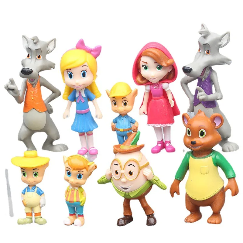 9pcs/set Cartoon Cute Goldie Bear Goldilocks and the Three Bears Big Bad wolf Little Red Riding Hood Action Figure Ornament Toys