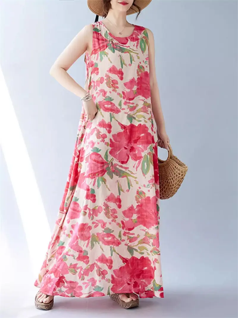 2024 New Bohemian Long Dress Summer Large Size Loose Sleeveless Round Neck Fashion Casual Printed Vest Dress K1740