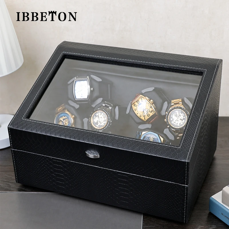 IBBETON 6 card slot automatic watch winding luxury storage box rotating display box Wooden box material crocodile PU leather