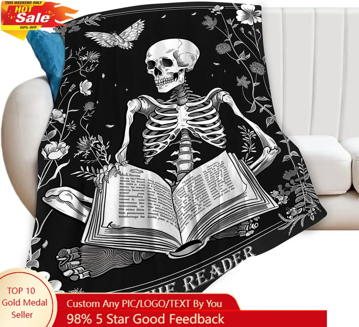 

Reading Throw Blanket Ultra Soft Cozy Funny Skeleton Read Book Blanket Fleece Fuzzy Plush Skull Reading Lovers Reader Librarian