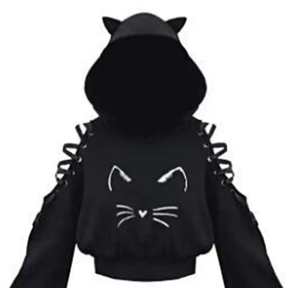 Women Loose Fit Halloween Sport Hoodie Hollow Out Lace-up Cold Shoulder Long Sleeve Cat Ear Decor Hooded Cropped Sweatshirt Tops