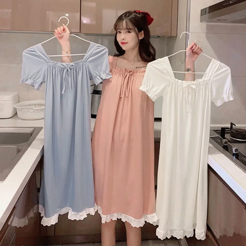 Robe de nuit d'été pour femme, avec dentelle, manches courtes, coupe ample, longueur genou, tenue d'intérieur pour étudiante et femme