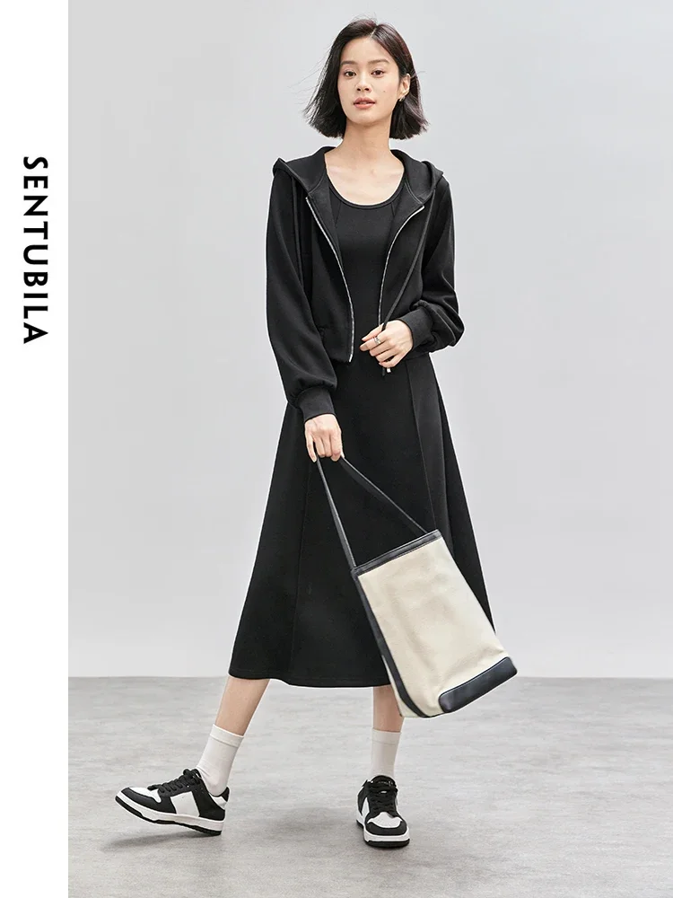 SENTUBILA Casual Knit 2 Piece Sets Women 2024 Fall Hooded Short Coat Sleeveless A-line U Collar Dress Matching Sets 143Z56035