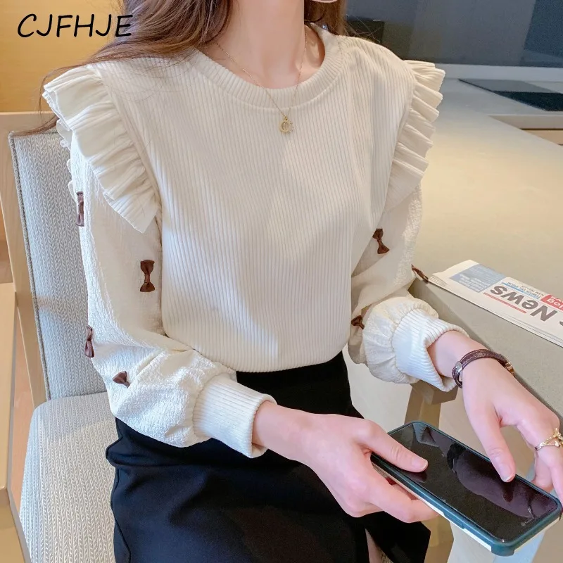 

CJFHJE Spring New Women's Round Neck Knitted Top Korean Classic Fashion Contrast Colored Panel Long Sleeved Bow Women Sweater