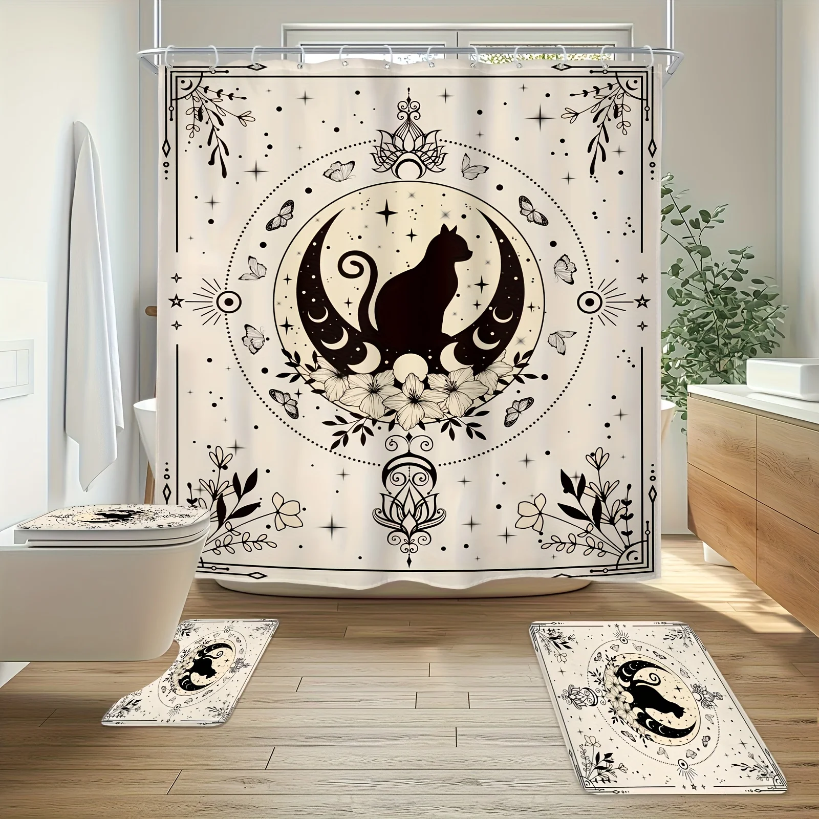 

2D Flat, 2D Flat, 1pc/4pcs - 2D Flat Bohemian Black Cat Shower Curtain Set, Complete Bathroom Sets, Bathroom Decoration And Addi