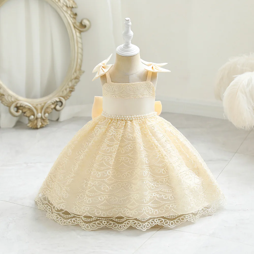 Lace Flower Baby Girls Dress Pearl Sashes Sling Bow White Birthday Clothes New Born Summer Kids Wedding Gown Christmas 1-5 Years