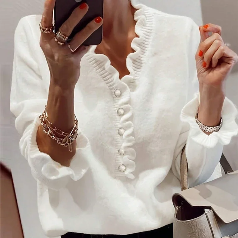 Winter Elegant Lotus Edge V-Neck Office Jumpers Vintage Wool Long Sleeve Temperamen Knitted Tops Autumn Chic Slim Button Sweater