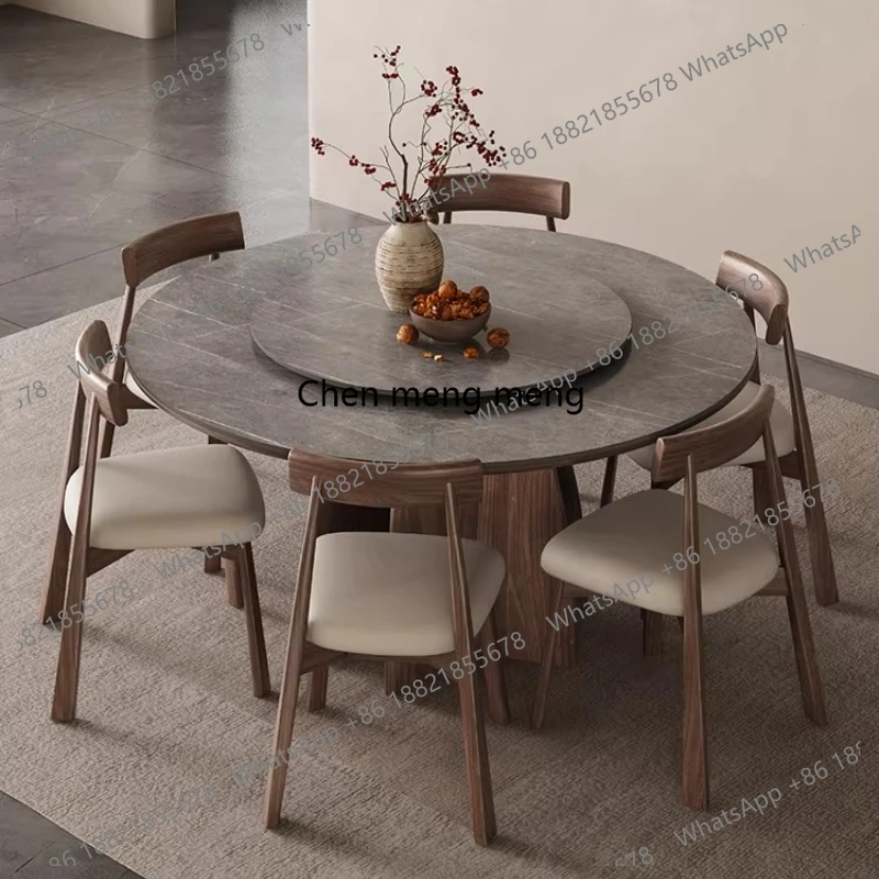 Modern luxury solid wood rock slab round dining tables and sets with turntable 6 4 chairs dining rooms Tables pliante furniture