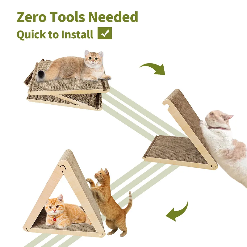 Das faltbare Katzenkratzbrett mit dreieckigem Kratzschild kann auf allen sechs Seiten aus Wellpappe gefertigt werden.