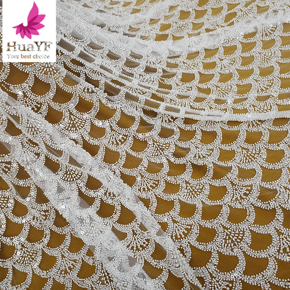 

1 Yard New High Quality White Sequins Beaded Lace Fabric Wedding Bridal Laces Dress Fabric Wholesale HY2667