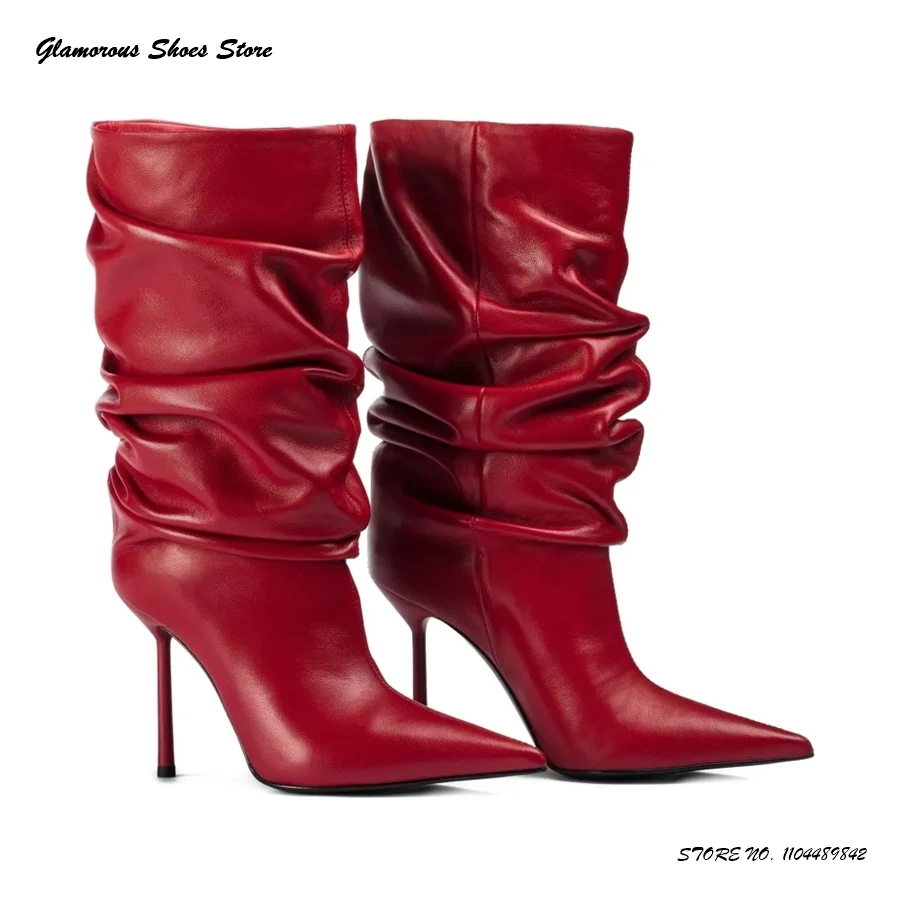 

Pleated Slouchy Shaft Mid-calf Boots Women's Pointed Toe Thin Heels Party Dress Shoes Spring Autumn British Style Modern Boots
