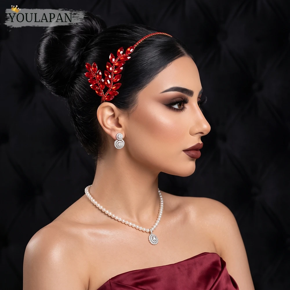 YouLaPan Red Color Rhinestone Bridal Headband Leaf Branch Wedding Hair Accessories For Women Prom Party Elegant Handmade HP1006
