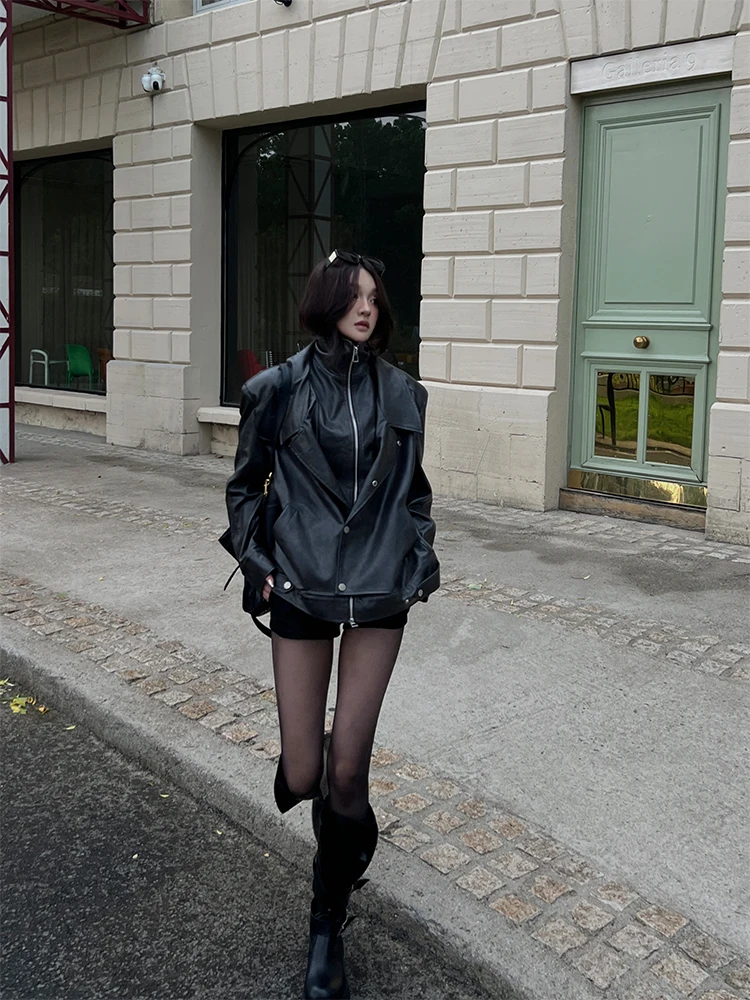 

HYTEMOLY Double Layer Stand Collar Neutral Cool Large Silhouette Metal Bule Texture PU Leather Jaet Women's Faion Coat