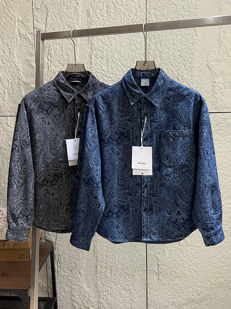 

Retro Japanese Style Men's Casual Denim Embroidered Collar Shirt Jacket 3D Walnut Flower Print Long Sleeve Spring Outerwear