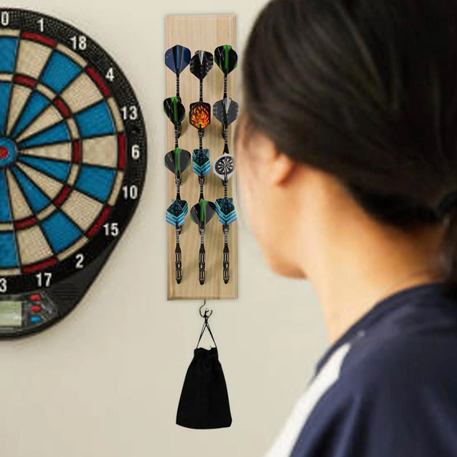 Solid Wood Wall Mounted Dart Holder/Stand with Accessory Storage Bag Displays 4 Sets of Steel/Soft Tip Darts Compatible Surround