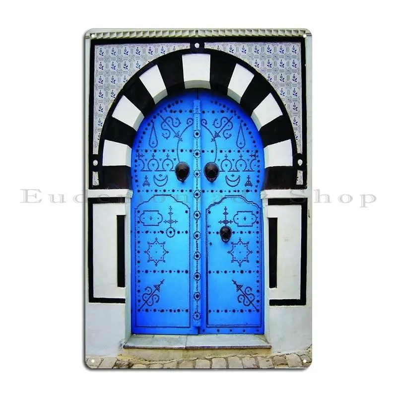 Traditional Blue Tunisian Door Sidi Bou Said Metal Sign Kitchen Plaques Cave Living Room Personalized Tin Sign Poster