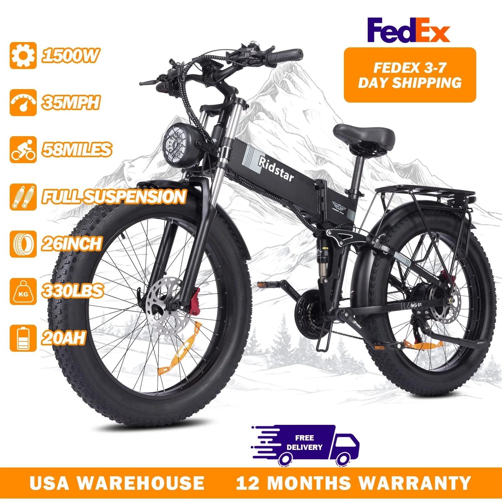 

Ridstar DC-26 Электрический велосипед складной 1500 Вт 37MPH Ebike 48 В 20 Ач 960 Втч Аккумулятор 26*4 дюйма 21-скоростные шестерни Fat Tire Snow E-bike