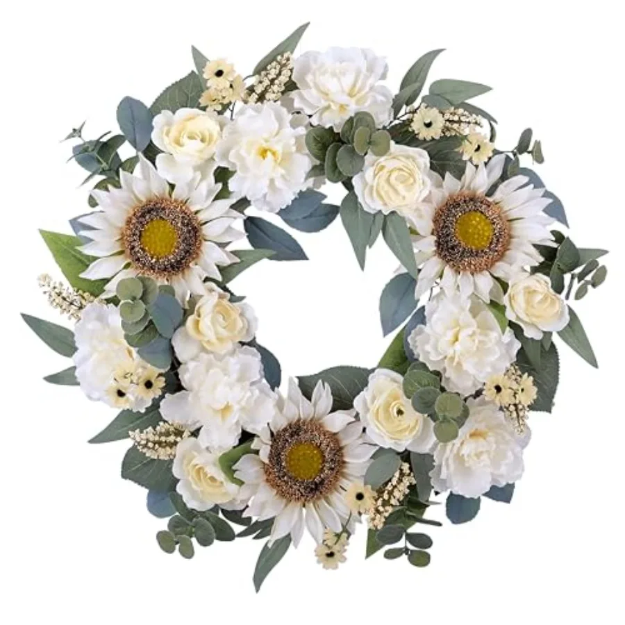 

Spring Wreath for Front Door - 24 Inch White Flower With Artificial Sunflower Peony Rose - Mixed Faux Floral Spring Summer Deco