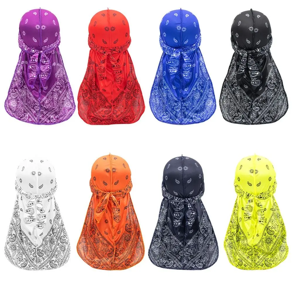

Fashion Cashew Flower Print Printed Durag Long Tail Breathable Bandana Scarf Silky Smooth Unisex Turban Hair Accessory