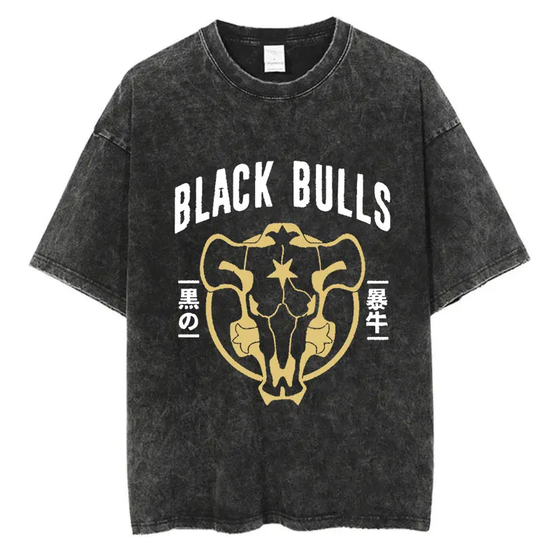 Black Clover Black Bulls Logo Print T shirt Harajuku Vintage Washed T-Shirt Summer Short Sleeve Cotton Hip Hop Tees Clothing