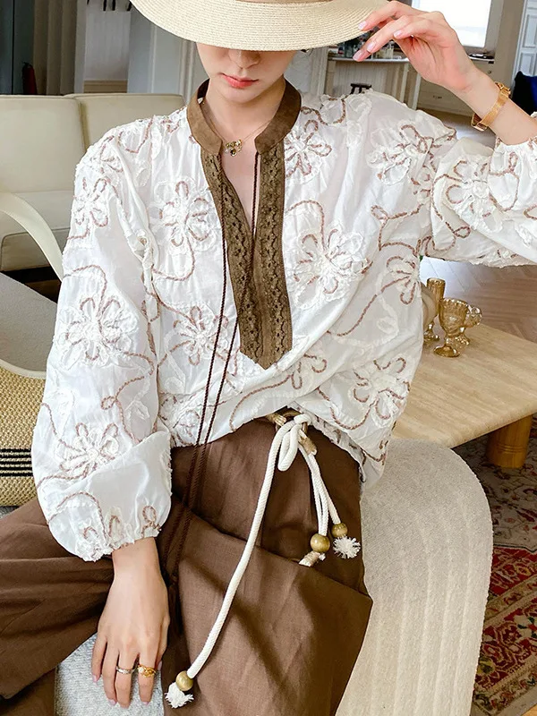 

Autumn Long Sve Embroidered Women's irt Loose Fit Cotton Bubble Sve Faion Design Top French Sle Travel Wear