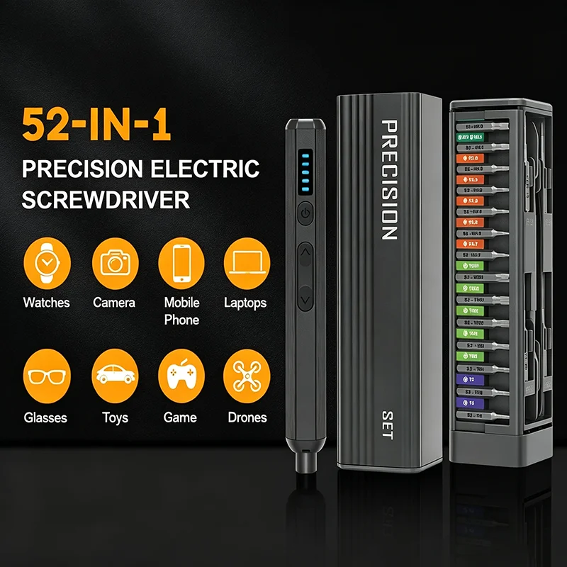 52-in-1 Mini Cordless Screwdriver Tool Kit Featuring LED Light 5 Torque Options and Magnetic Storage Ideal for Portable Repairs