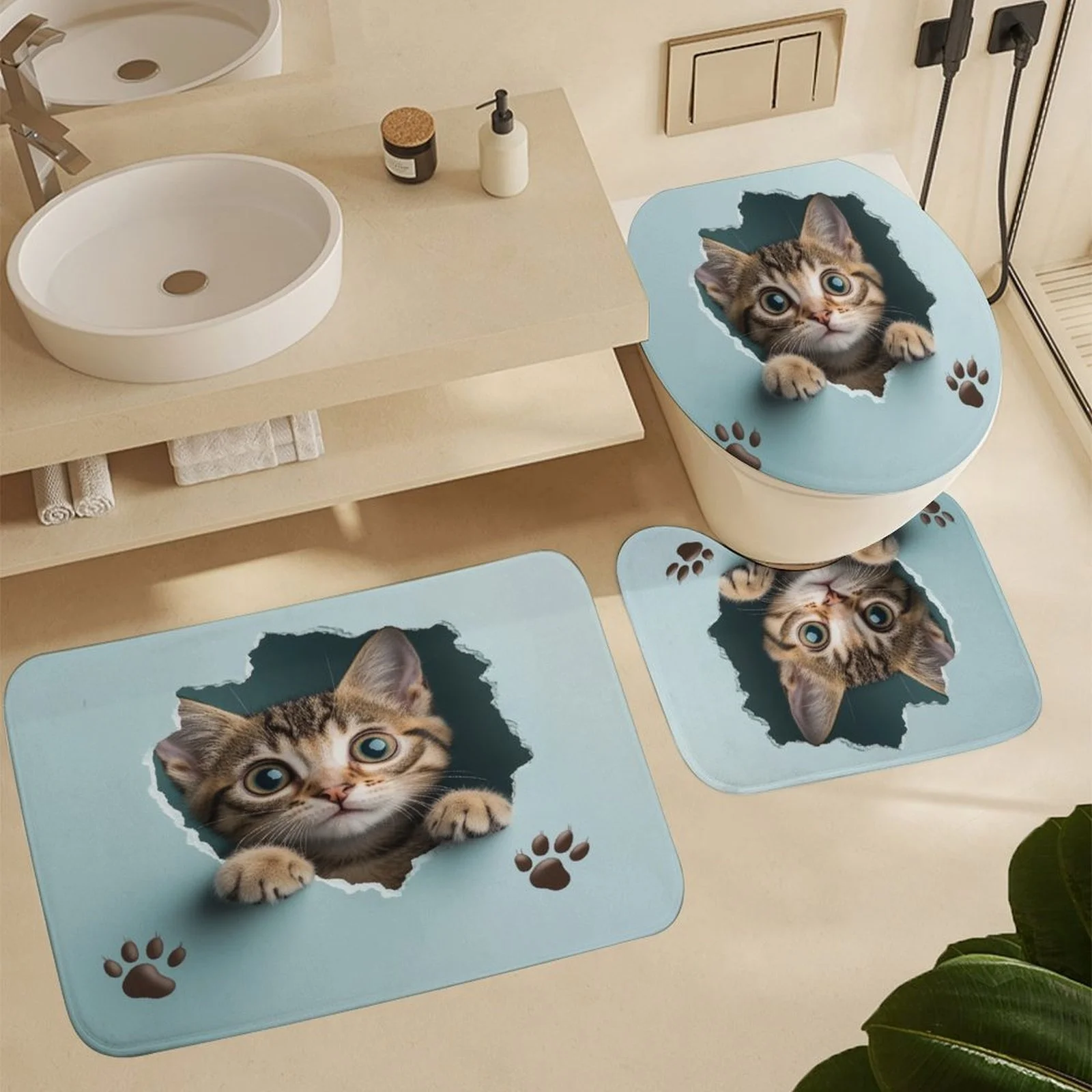 

3 шт., набор занавесок для душа в ванной комнате с милым котенком, стильные и новые коврики (нескользящий коврик для ванной комнаты, U-образный туалет