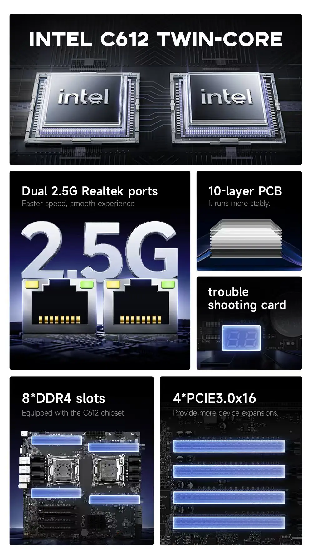 اللوحة الأم X10X99-8D V1.0 LGA2011-3، Intel C612، 8DDR4 512GB، 22.5G LAN، M.2 NVMe، PCB ذو 10 طبقات، لوحة خادم E-ATX #3