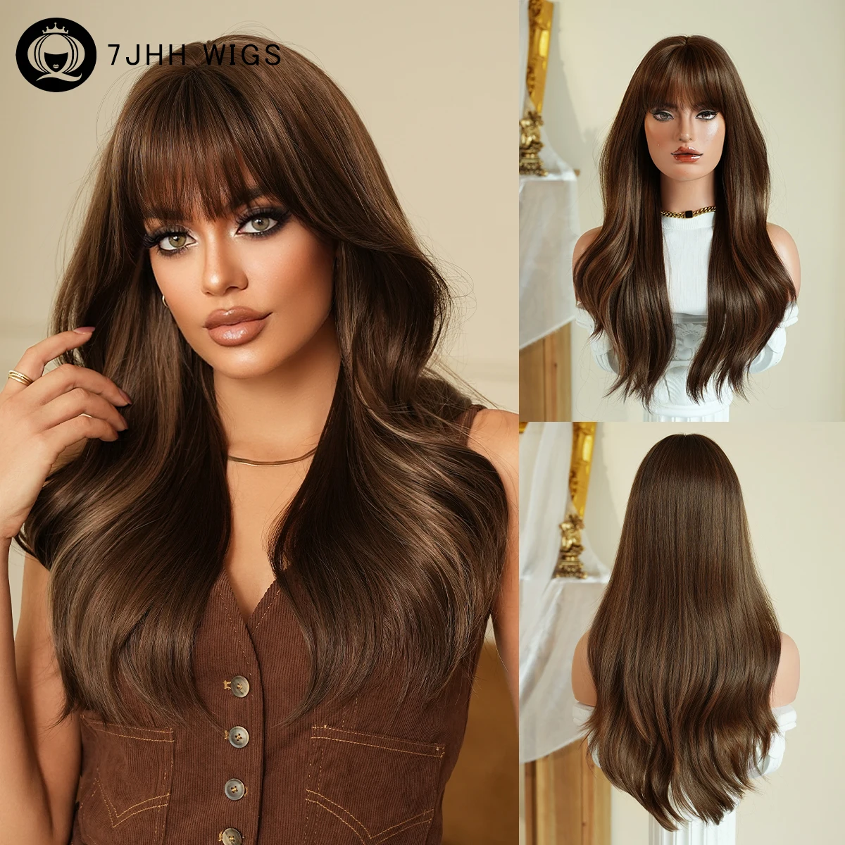 

7JHH WIGS Long Straight Mocha Brown Wig for Women Synthetic Layered Modest Fashion Wear and Go Chocolate Wigs with Neat Bangs