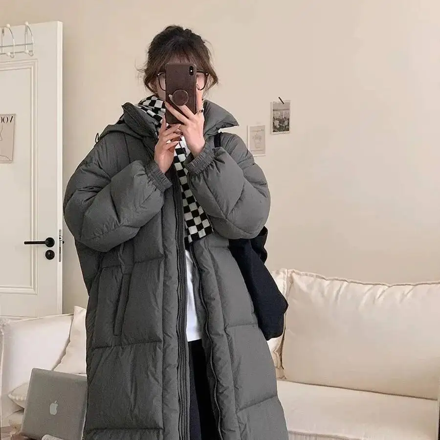 Umi mao grande colcha longa sobre o joelho com capuz jaqueta para mulher 2024 inverno novo solto grosso quente para baixo jaqueta femme