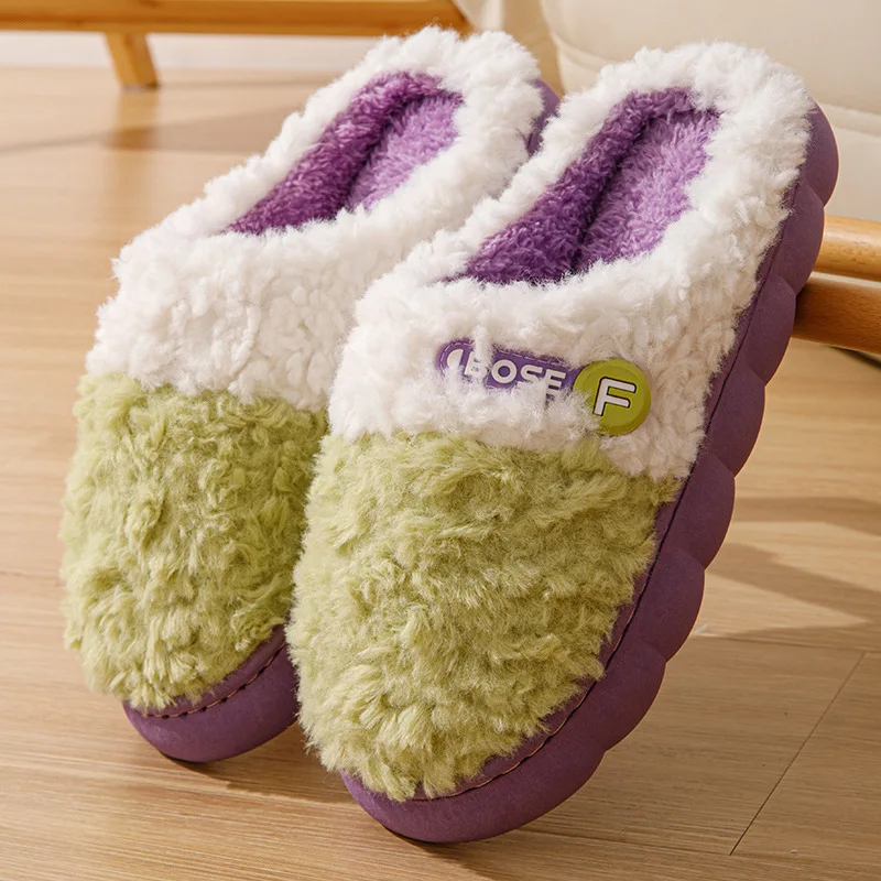 

2024 Winter Couple Home Slippers Furry Warm Plush Women And Men Household Flip Flops Non-slip Comfort Unisex Bedroom Slippers