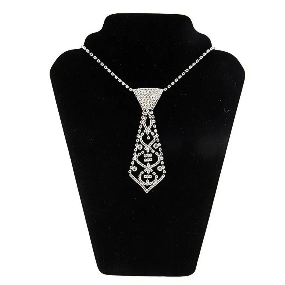 Unisex Necklace Necktie Shape Rhinestone Inlaid Fashion Tie Hollow Out Chain Necklace Jewelry for Party