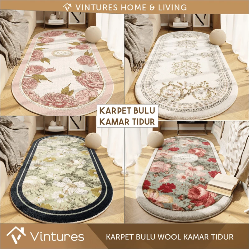 Bedroom Bedside Carpet Non-slip Soft Comfortable Floor Mat American Retro Flower Pattern Rug Oval Long Home Decoration Mats 양탄자