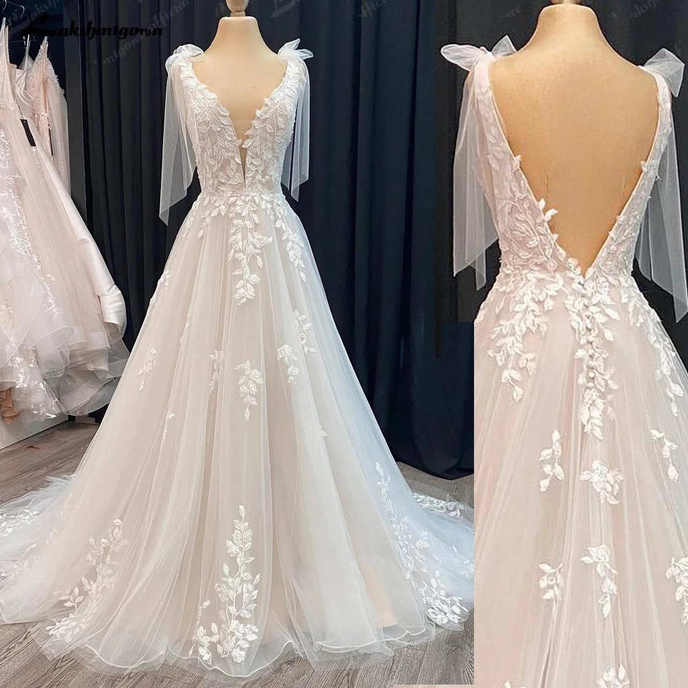 Lakshmigown Customized Wedding Dress for Woman V-neck Sleeveless Appliques Tulle Wedding Gown with Bow Shoulder Decoration Cover