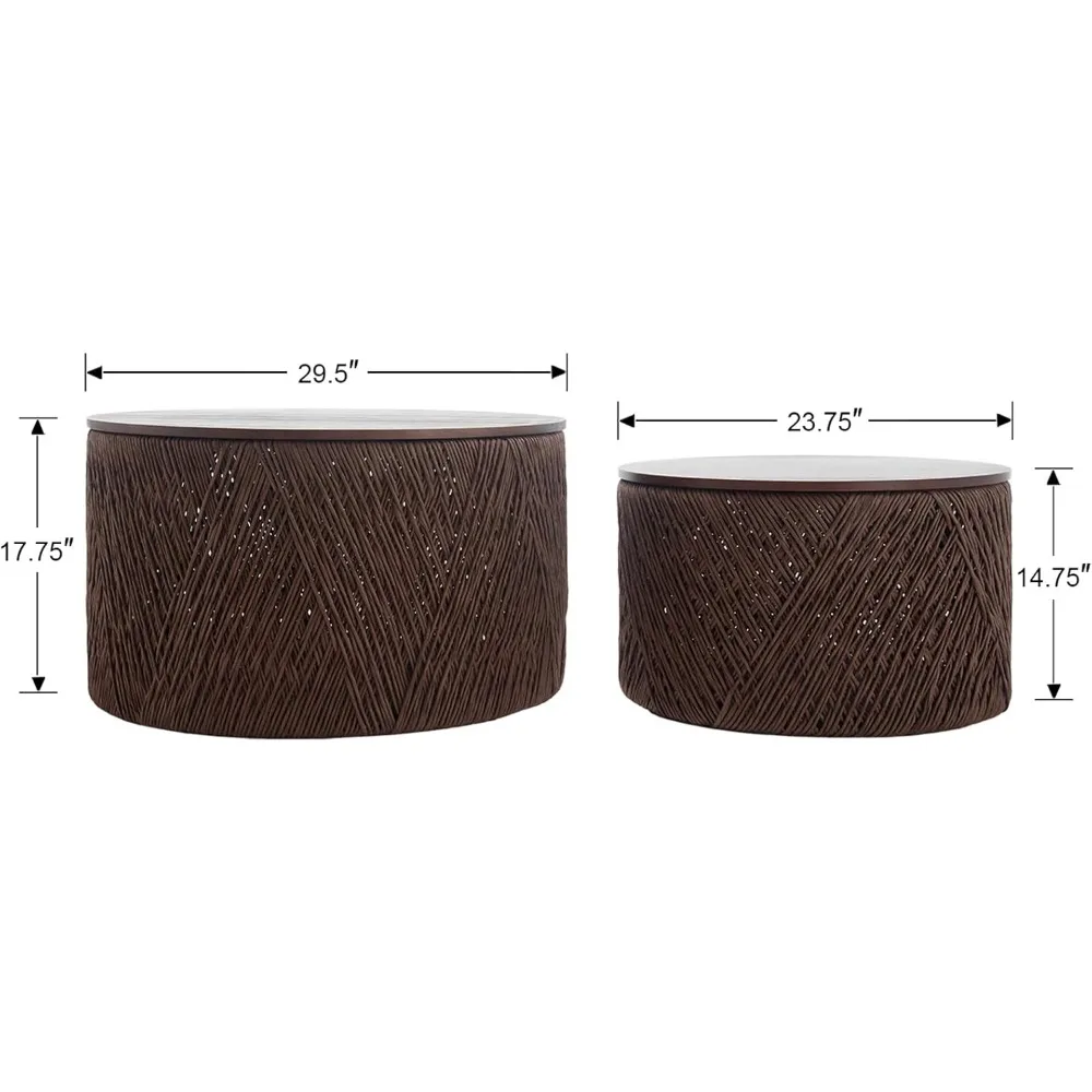 Nesting Coffee Table Set of 2 Woven Round Coffee Table with Storage Solid Wood Side Table for Small Spaces