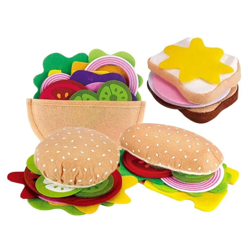 28 Pcs/Set Soft Felt Play Food Set Hamburger Sandwich Stacking Toy with Beef Steak Vegetables Pretend Play Food Kids Kitchen Toy