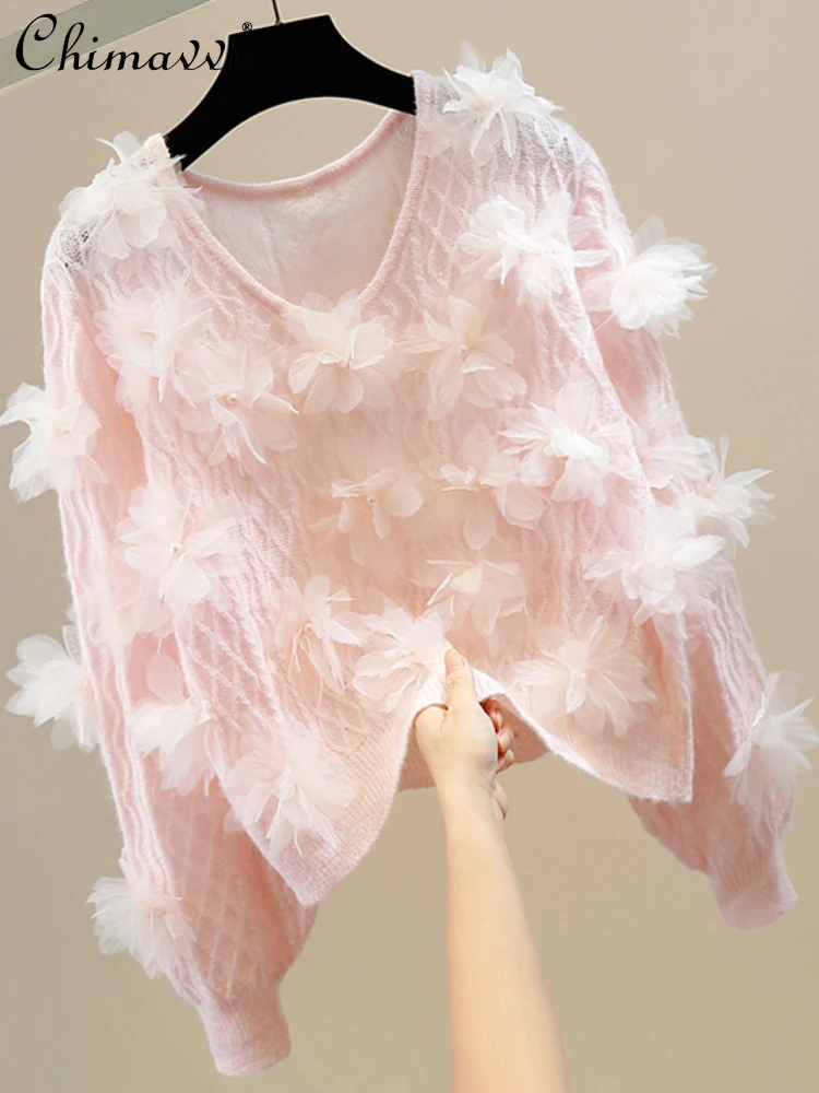 

2024 Spring Beaded 3D Organza Flower Decorated Long Sleeve V-neck Pullover Sweater Women Knitwear Loose Sweet Casual Knitted Top