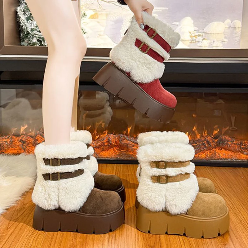 إمرأة الشتاء أحذية الثلوج في الهواء الطلق الفاخرة فروي أفخم فراء الأحذية موضة حزام السحابة الجلد المدبوغ أحذية منصة الأحذية النسائية مبطن