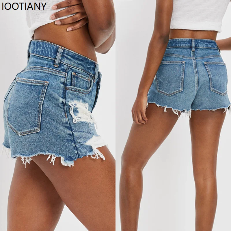 Summer Women's Ripped Jeans Straight High Waist Washed Ripped Pockets Street Fashion Raw Edge Ripped Jeans Women's Retro Shorts