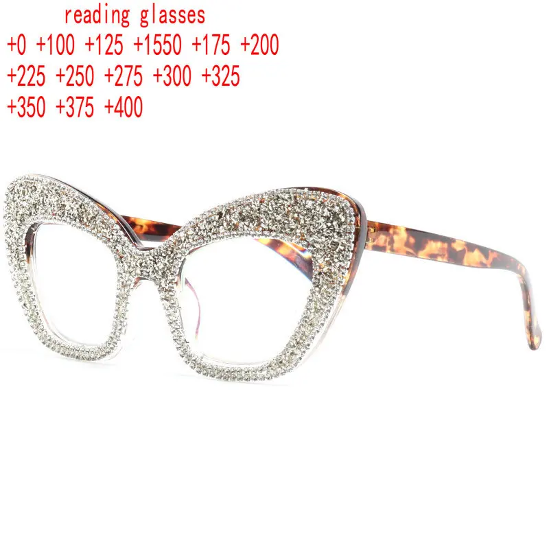 Oversized Cat Eye Bling Reading Glasses Women Shiny Rhinestone Reader Vintage Ladies Anti Blue Light Trendy Computer Reader XN