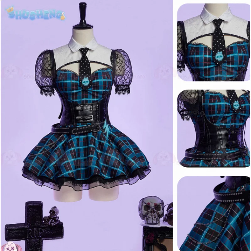 

Monster Cos High Frankie Stein Cosplay Costume Women's sexy Halloween party fantasy uniform dress props socks Gothic new set