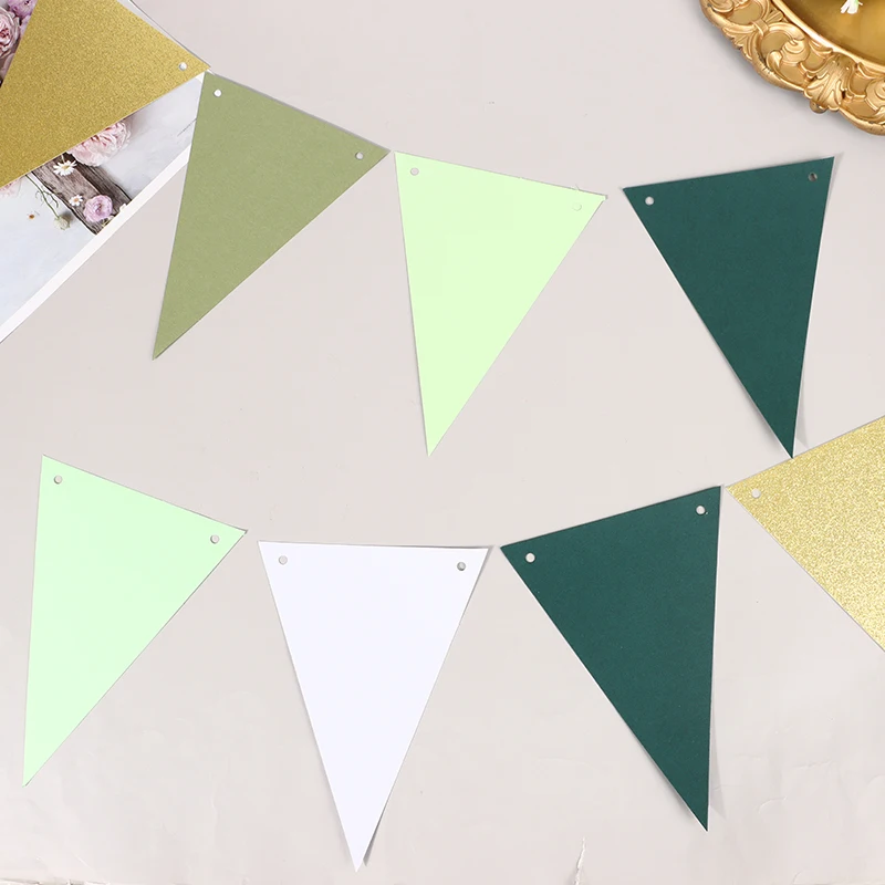 1Set Gold And Green Paper Triangular Flags Bunting Baby Bride Gift Party Birthday Party Decoration Wedding Party Banner