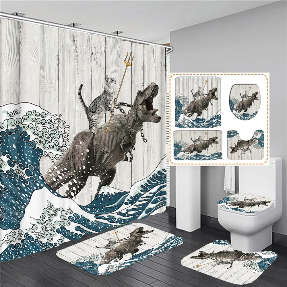 

Funny Creative Cat Dinosaur Animal Fabric Shower Curtain Bath Curtains Set And Anti-skid Rug Toilet Lid Bath Mat Bathroom Decor