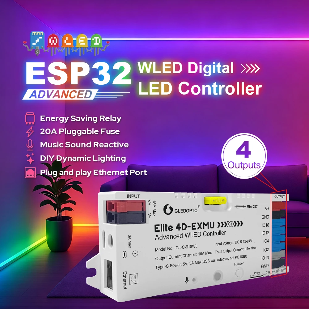 

GLEDOPTO ESP32 WLED LED Strip Light Controller with 4 Outputs Ethernet Microphone UART Energy Saving Relay 20A Pluggable Fuse
