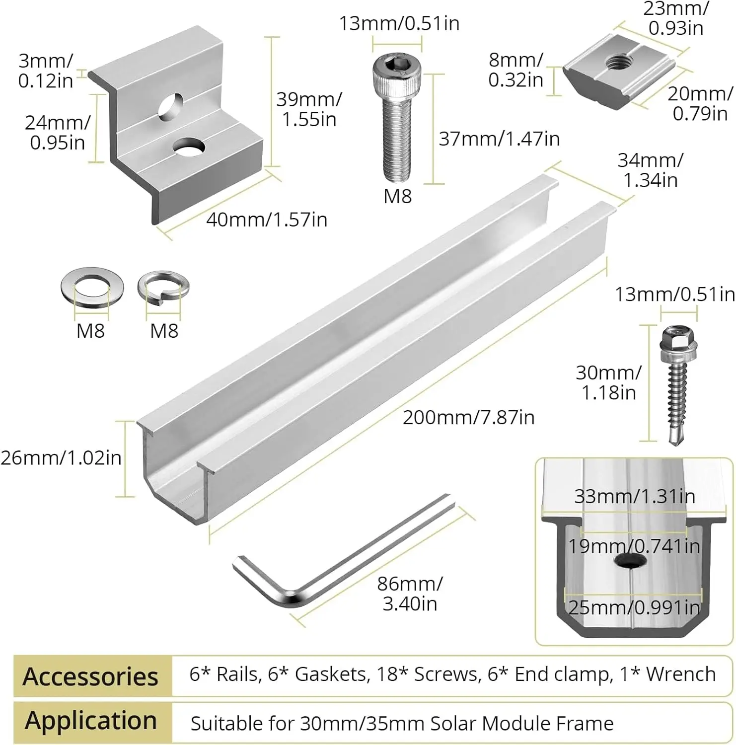 

30mm/35mm Solar Panel Bracket Kit with 200mm U-shaped Guide Rail For Photovoltaic Panel Accessories Solar Panel Installation