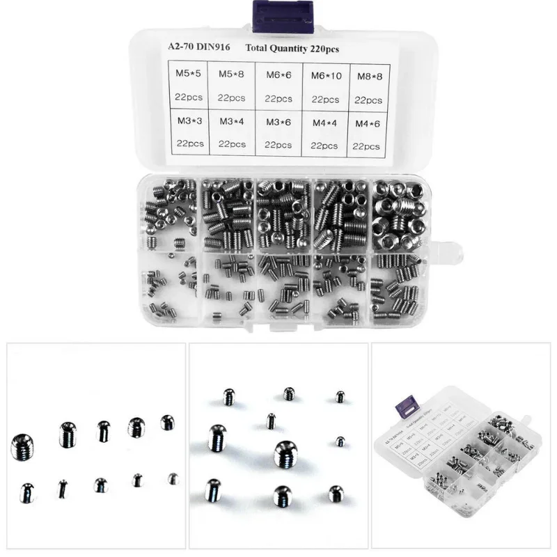 220Pcs Stainless Steel Allen Head Socket Hex Set Grub Screws Assortment Kit Cup Point Grub Bolt Screw